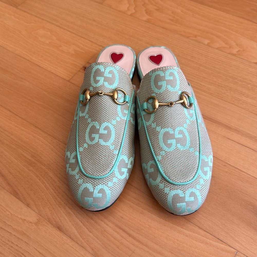 NEW Gucci Princetown Jumbo GG seafoam monogram mules - Picture 3 of 11